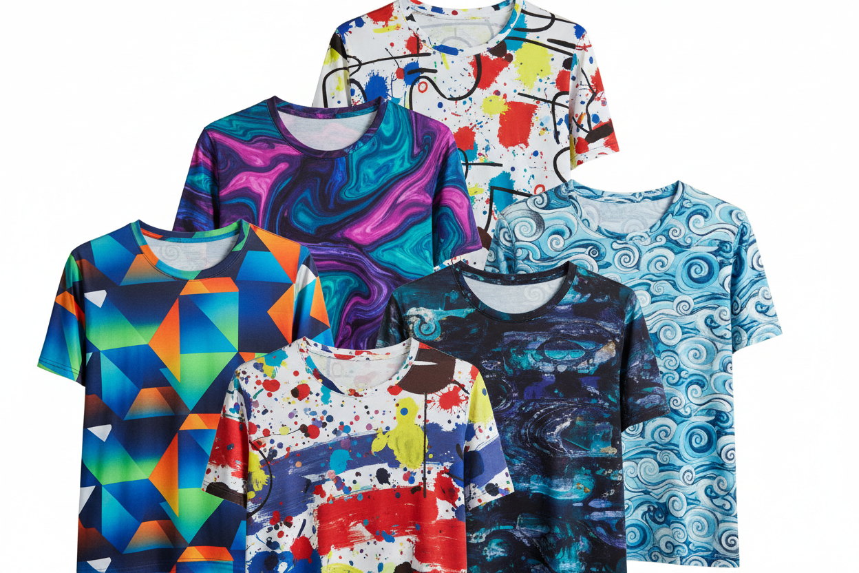 il mio store punta a vendere magliette con stampe personalizzate. Mostra delle tshirt con delle stampe a fantasia astratte. Creane un'altra delle proporzioni giuste