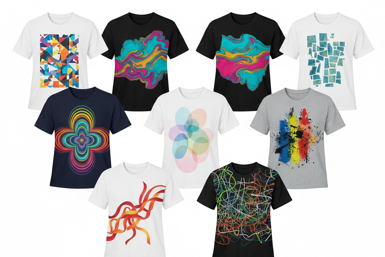 il mio store punta a vendere magliette con stampe personalizzate. Mostra delle tshirt con delle stampe a fantasia astratte